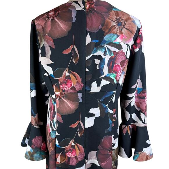 Trina Turk Panache 2 Faye Black Floral Flounce Bell Sleeve Cocktail Shift Dress - Picture 8 of 13